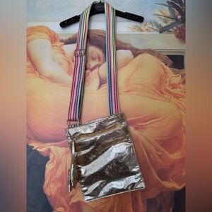 Imoga kids cross body bag in gold with multi colored strap